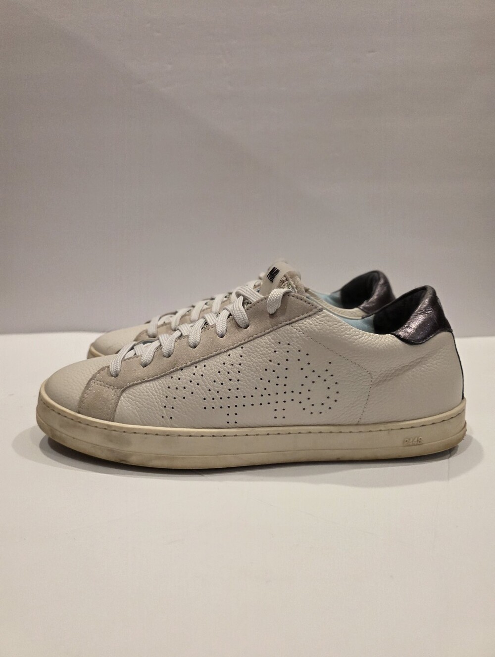 P448 John White Leather Bronze Heel Low Top Sneakers EU 40 US 9